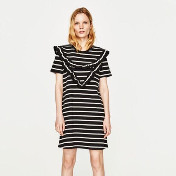 Zara Women's Striped Black Ruffle Trim Knit Dress Size Medium NEW - Picture 3 of 5